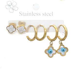 Stainless Steel Earrings Clover Gold Plated, approx 6-10mm, 14mm dia