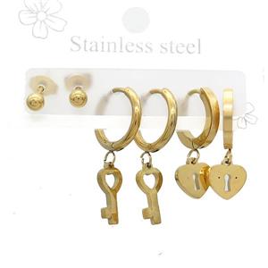 Stainless Steel Earrings Lock Key Gold Plated, approx 6-10mm, 14mm dia