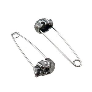 Stainless Steel Safety Pins Skull Antique Silver, approx 9-13mm, 40mm