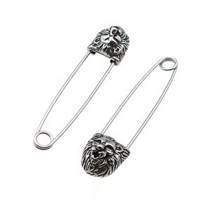 Stainless Steel Safety Pins Lion Antique Silver, approx 9-13mm, 40mm