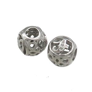 Raw Titanium Steel Round Beads Letter-F Large Hole Hollow, approx 9-10mm, 4mm hole