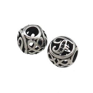Titanium Steel Round Beads Letter-F Large Hole Hollow Antique Silver, approx 9-10mm, 4mm hole