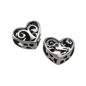 Titanium Steel Heart Beads Zodiac Aries Large Hole Hollow Antique Silver, approx 12mm, 4mm hole