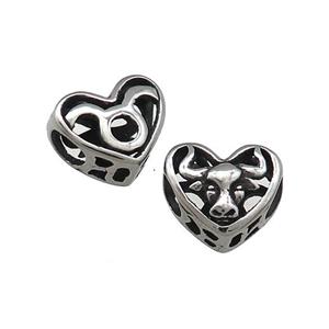 Titanium Steel Heart Beads Zodiac Taurus Large Hole Hollow Antique Silver, approx 12mm, 4mm hole