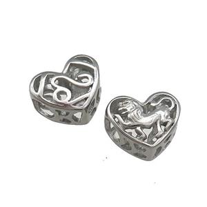Raw Titanium Steel Heart Beads Zodiac Leo Large Hole Hollow, approx 12mm, 4mm hole