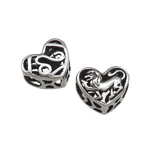 Titanium Steel Heart Beads Zodiac Leo Large Hole Hollow Antique Silver, approx 12mm, 4mm hole
