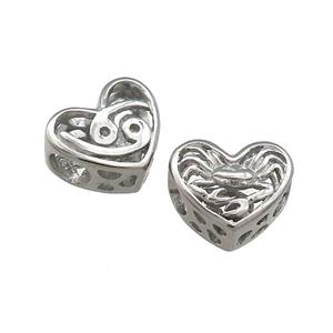 Raw Titanium Steel Heart Beads Zodiac Cancer Large Hole Hollow, approx 12mm, 4mm hole