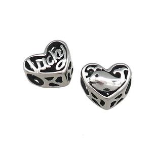 Titanium Steel Heart Beads Lucky Dolphin Large Hole Hollow Antique Silver, approx 12mm, 4mm hole