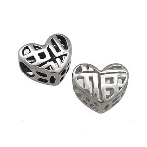 Raw Titanium Steel Heart Beads Lucky Fu Large Hole Hollow, approx 12mm, 4mm hole