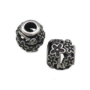 Titanium Steel Round Beads Large Hole Hollow Flower Antique Silver, approx 10mm, 4mm hole