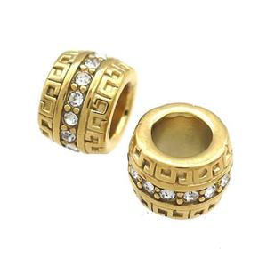 Stainless Steel Barrel Beads Pave Rhinestone Large Hole Gold Plated, approx 11mm, 6mm hole