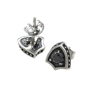 Stainless Steel Stud Earring Pave Rhinestone Shield Antique Silver, approx 9-10mm