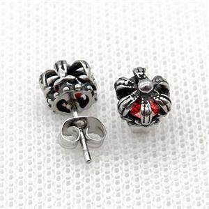 Stainless Steel Stud Earring Pave Red Rhinestone Crown Antique Silver, approx 8mm