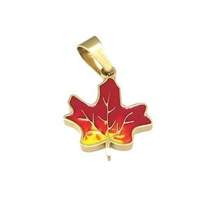 Stainless Steel Maple Pendant Red Enamel Gold Plated, approx 13mm