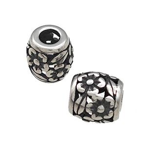 Titanium Steel Barrel Beads Large Hole Flower Hollow Antique Silver, approx 9-10mm, 4mm hole