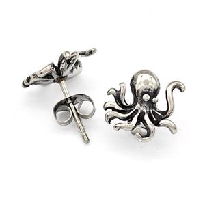 Stainless Steel Octopus Stud Earrings Antique Silver, approx 11mm