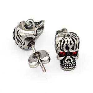 Stainless Steel Skull Stud Earrings Pave Rhinestone Antique Silver, approx 7.5-10mm