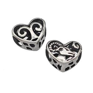 316 Stainless Steel Heart Beads Zodiac Aries Large Hole Hollow Antique Silver, approx 12mm, 4mm hole