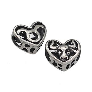 316 Stainless Steel Heart Beads Zodiac Taurus Large Hole Hollow Antique Silver, approx 12mm, 4mm hole
