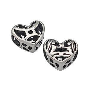316 Stainless Steel Heart Beads Zodiac Gemini Large Hole Hollow Antique Silver, approx 12mm, 4mm hole