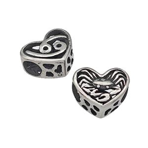 316 Stainless Steel Heart Beads Zodiac Cancer Large Hole Hollow Antique Silver, approx 12mm, 4mm hole
