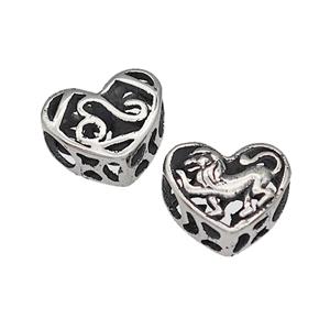 316 Stainless Steel Heart Beads Zodiac Leo Large Hole Hollow Antique Silver, approx 12mm, 4mm hole