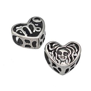 316 Stainless Steel Heart Beads Zodiac Virgo Large Hole Hollow Antique Silver, approx 12mm, 4mm hole
