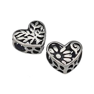 316 Stainless Steel Heart Beads Flower Hollow Large Hole Antique Silver, approx 12mm, 4mm hole