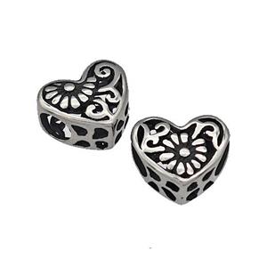 316 Stainless Steel Heart Beads Flower Hollow Large Hole Antique Silver, approx 12mm, 4mm hole
