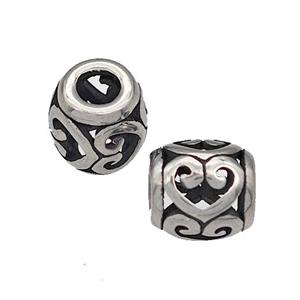 316 Stainless Steel Barrel Beads Heart Hollow Large Hole Antique Silver, approx 9-10mm, 4mm hole