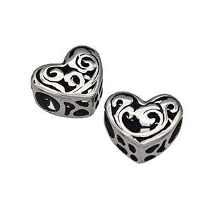 316 Stainless Steel Heart Beads Hollow Large Hole Antique Silver, approx 12mm, 4mm hole
