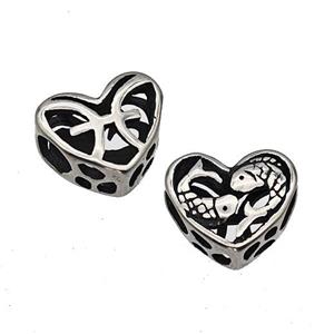 Stainless Steel Heart Beads Zodiac Pisces Large Hole Hollow Antique Silver, approx 12mm, 4mm hole