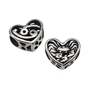 Stainless Steel Heart Beads Zodiac Cancer Large Hole Hollow Antique Silver, approx 12mm, 4mm hole