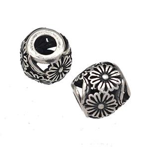 Stainless Steel Barrel Beads Hollow Flower Large Hole Antique Silver, approx 9-10mm, 4mm hole