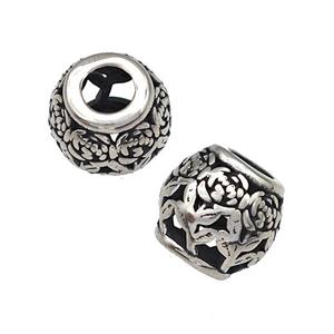 Stainless Steel Barrel Beads Flower Hollow Large Hole Antique Silver, approx 9-10mm, 4mm hole