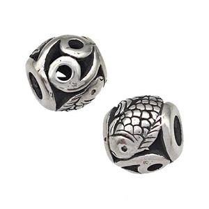Stainless Steel Barrel Beads Fish Hollow Large Hole Antique Silver, approx 9-10mm, 4mm hole