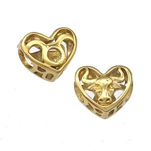 Stainless Steel Heart Beads Zodiac Taurus Large Hole Hollow Gold Plated, approx 12mm, 4mm hole
