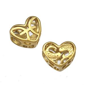Stainless Steel Heart Beads Zodiac Pisces Large Hole Hollow Gold Plated, approx 12mm, 4mm hole