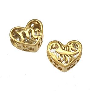 Stainless Steel Heart Beads Zodiac Scorpio Large Hole Hollow Gold Plated, approx 12mm, 4mm hole