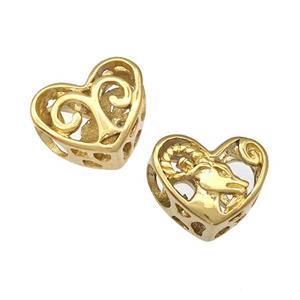 Stainless Steel Heart Beads Zodiac Aries Large Hole Hollow Gold Plated, approx 12mm, 4mm hole