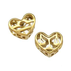 Stainless Steel Heart Beads Zodiac Libra Large Hole Hollow Gold Plated, approx 12mm, 4mm hole