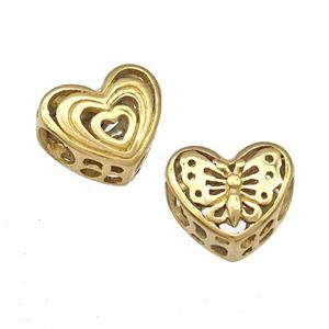 Stainless Steel Heart Beads Butterfly Hollow Large Hole Gold Plated, approx 12mm, 4mm hole