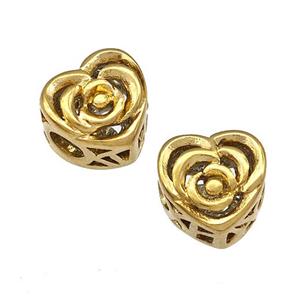 Stainless Steel Heart Beads Flower Hollow Large Hole Gold Plated, approx 10mm, 4mm hole