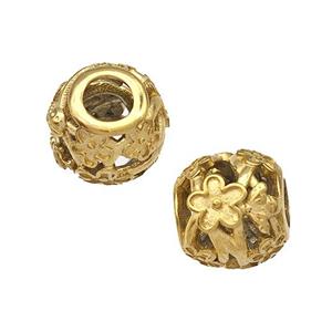 Stainless Steel Barrel Beads Flower Hollow Large Hole Gold Plated, approx 9-10mm, 4mm hole