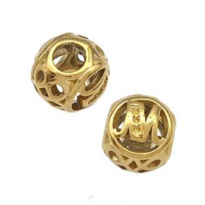 Stainless Steel Round Beads Letter-M Hollow Large Hole Gold Plated, approx 9-10mm, 4mm hole
