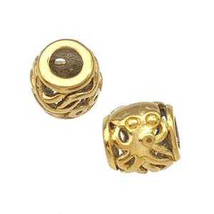 Stainless Steel Barrel Beads Octopus Hollow Large Hole Gold Plated, approx 9-10mm, 4mm hole