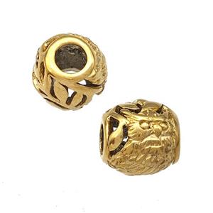 Stainless Steel Barrel Beads Owl Hollow Large Hole Gold Plated, approx 9-10mm, 4mm hole