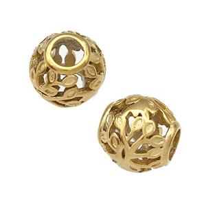 Stainless Steel Barrel Beads Flower Hollow Large Hole Gold Plated, approx 9-10mm, 4mm hole