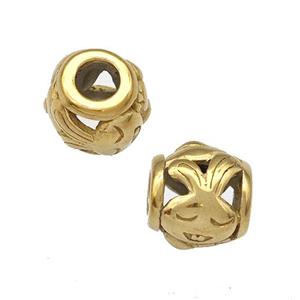 Stainless Steel Barrel Beads Rabbit Hollow Large Hole Gold Plated, approx 9-10mm, 4mm hole