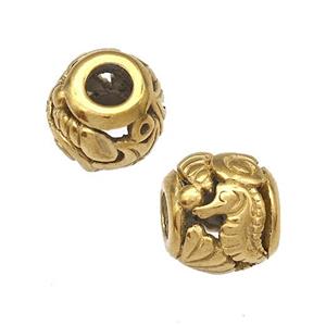 Stainless Steel Barrel Beads Seahorse Hollow Large Hole Gold Plated, approx 9-10mm, 4mm hole